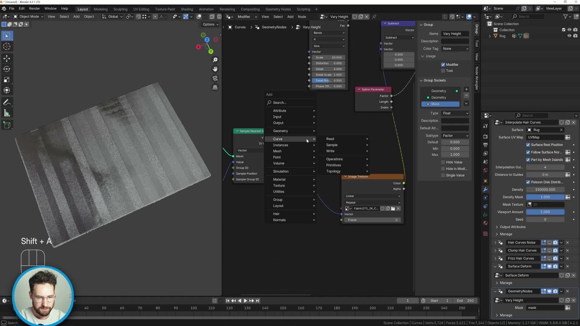 Sample Nearest Surface routes the rug's UVs onto the fur curves so the image texture aligns properly.