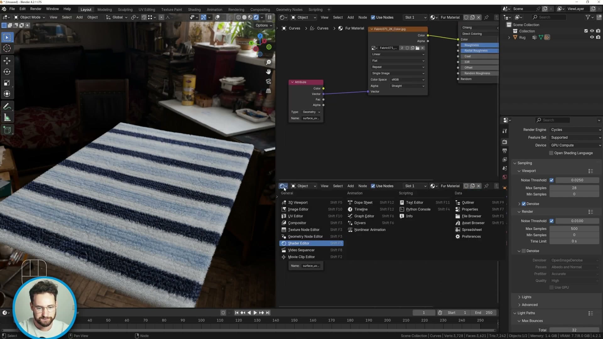 Attribute node reading 'surface_uv_coordinate' so the image texture aligns with the rug rather than the curves.