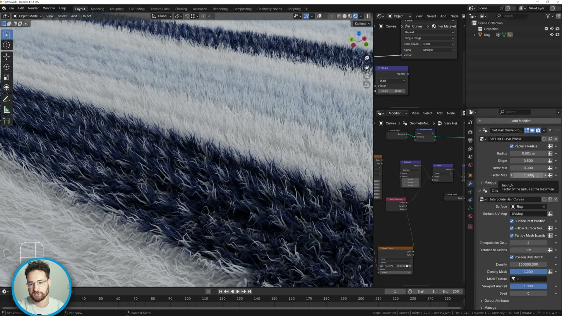 Vector Math scale of 8 in the shader matches the geometry-node tiling so the colour stripes line up with the ripples.
