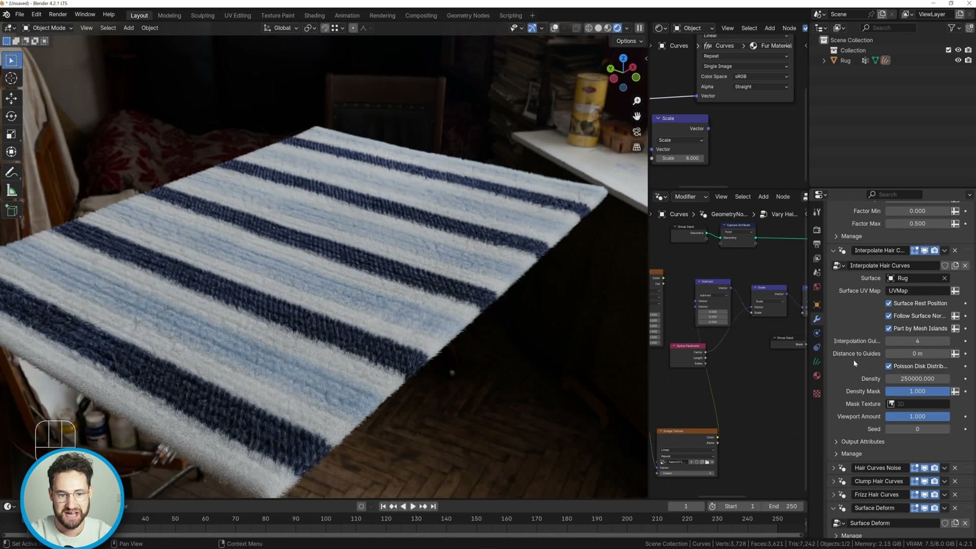 Maximum radius reduced to 0.5 with hair count pushed up to compensate, far more realistic at the cost of viewport speed.