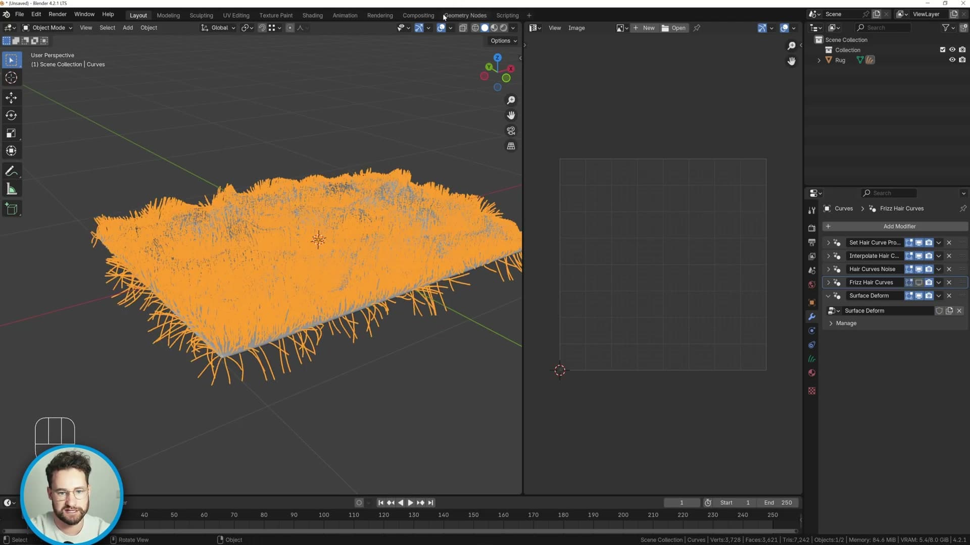 UVs unwrapped and scaled around the 2D cursor so fur emits across the whole rug surface.