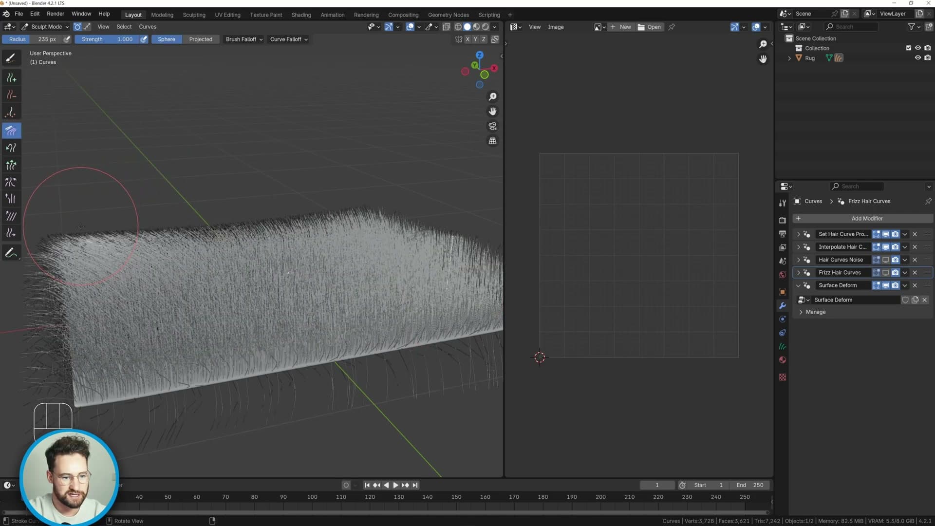 Wireframe view with all but one guide deleted. Combing reveals how a single guide affects the area around it.