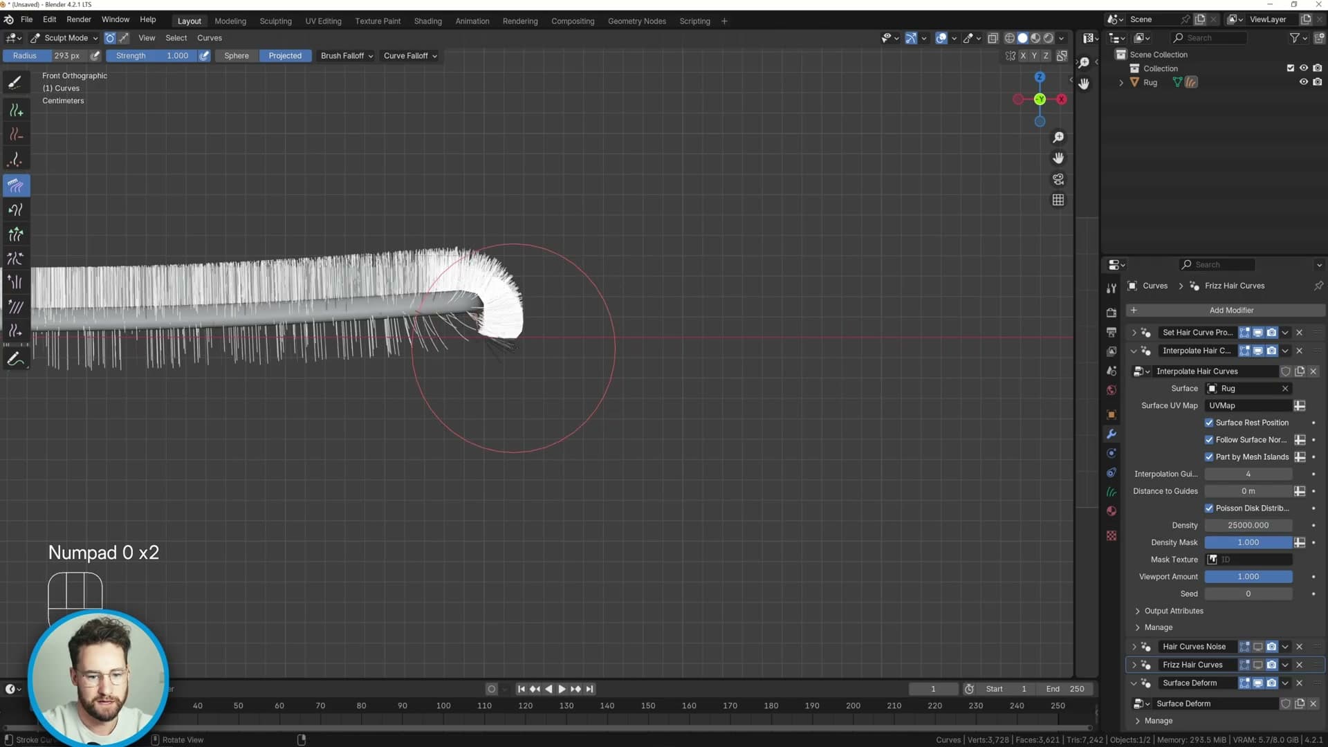 Projected comb mode used from the side view to push edge hairs upward away from the floor.