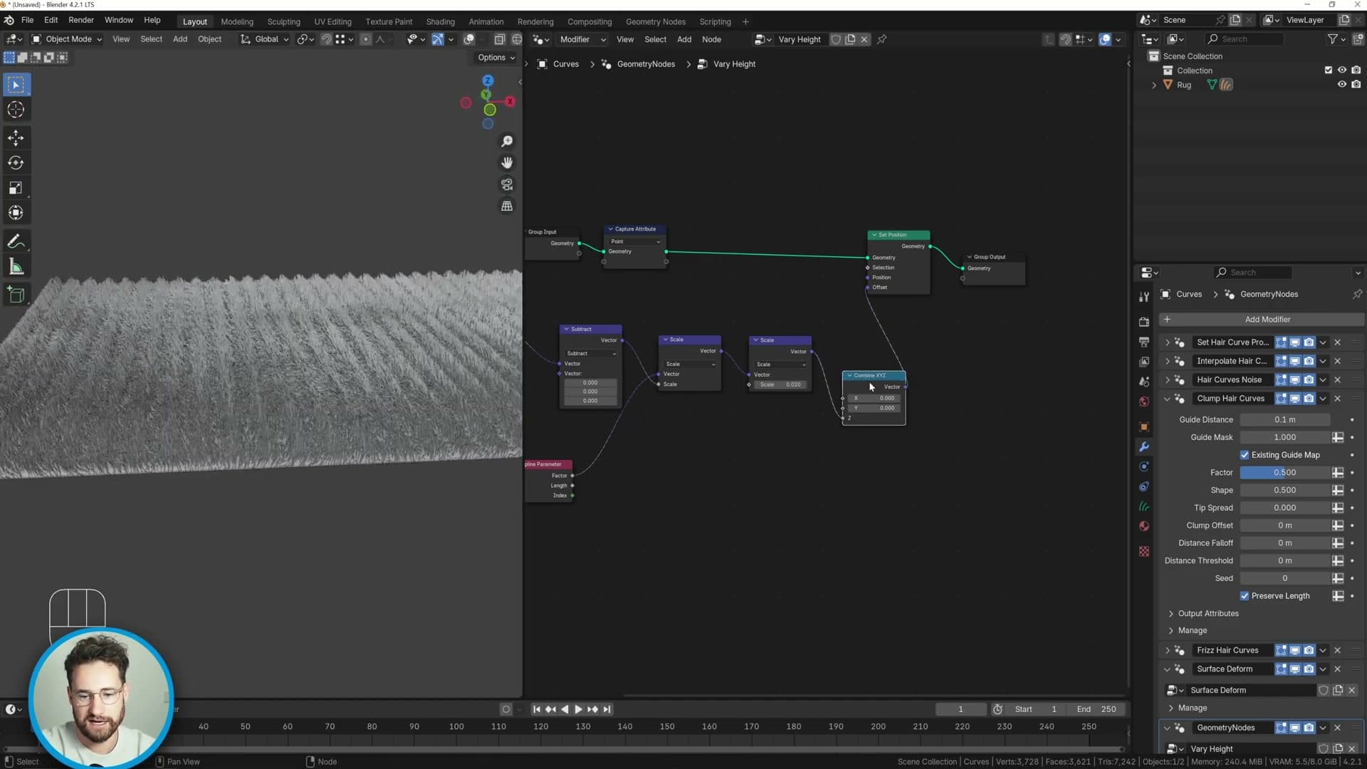 Spline Parameter Factor scales the offset toward hair tips; Combine XYZ routes the wave into Z only.
