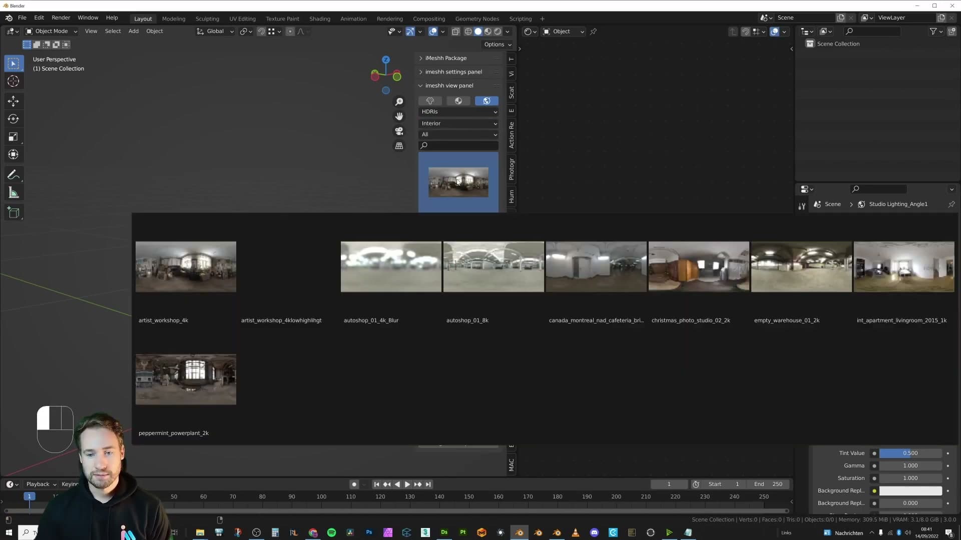 Using the iMeshh Asset Manager to pull in the Poly Haven artist workshop HDRI.