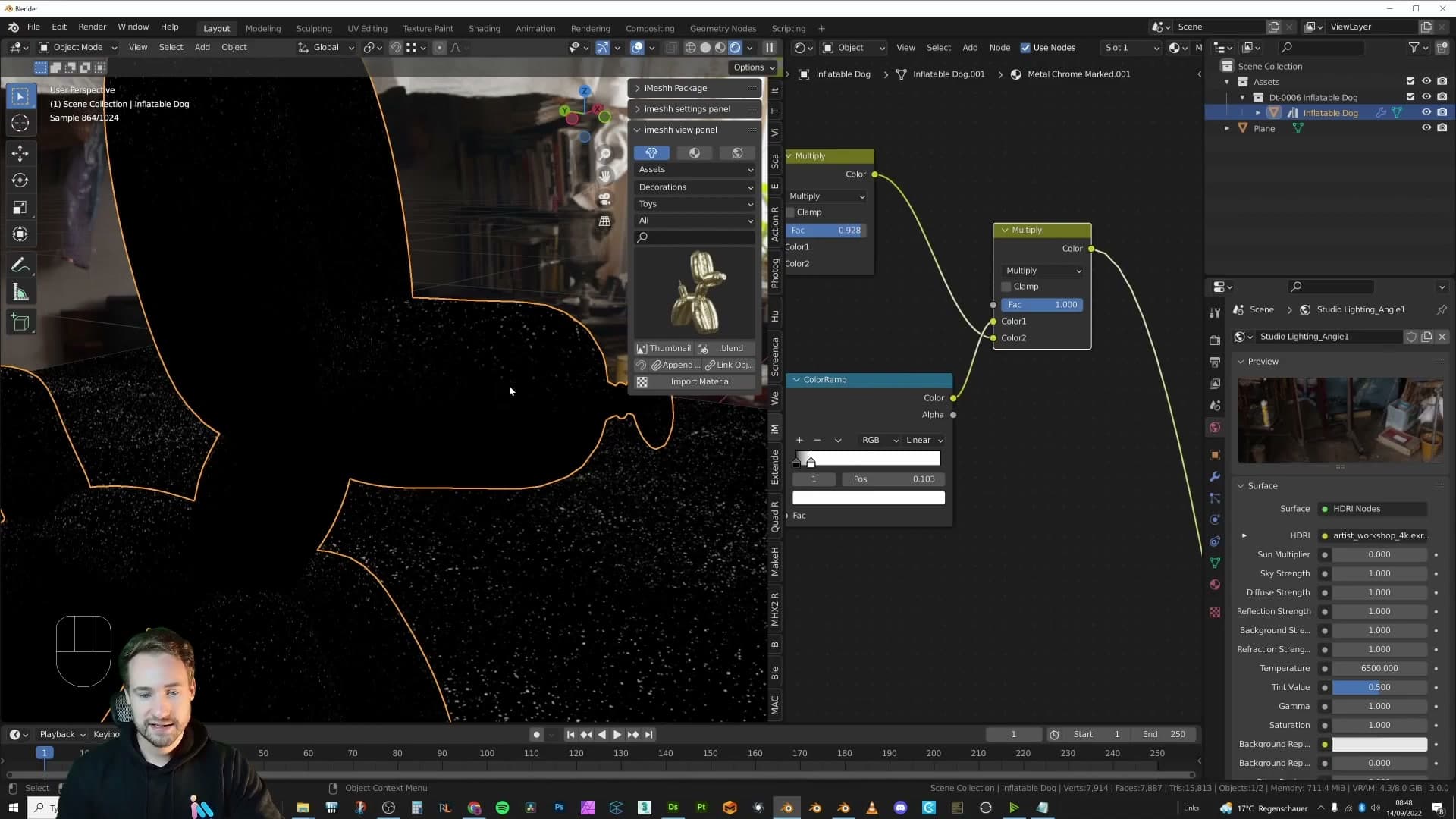 A second Multiply node intersects the dust texture mask with the top-surface mask.
