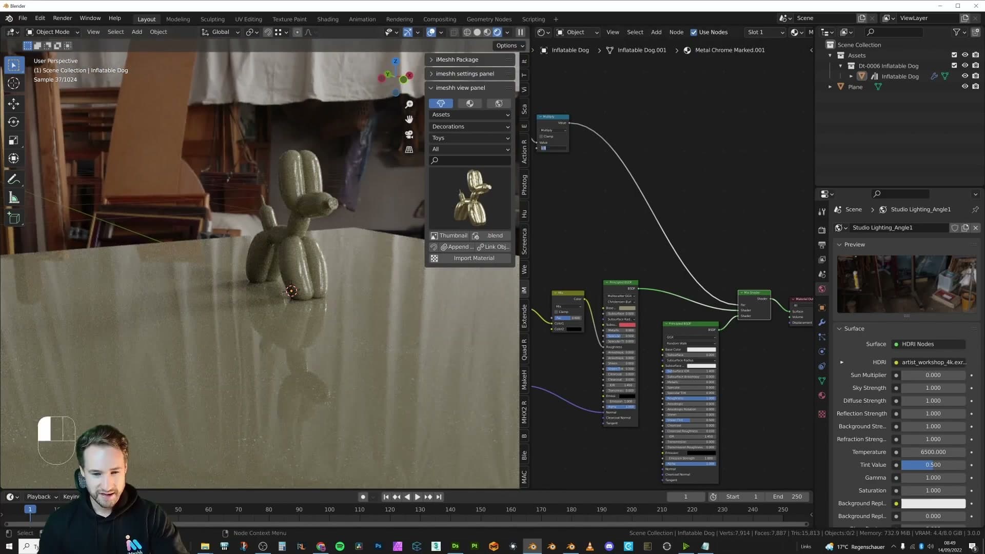Mix Shader takes the base material and dust BSDF, driven by the mask. Dust shows only at low angles on top surfaces.