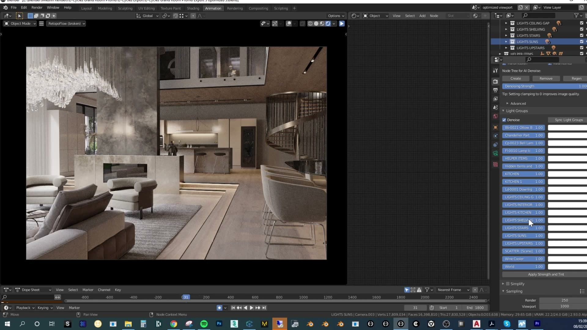 The Light Groups panel: per-collection intensity and colour, applied to the rendered image in real time.