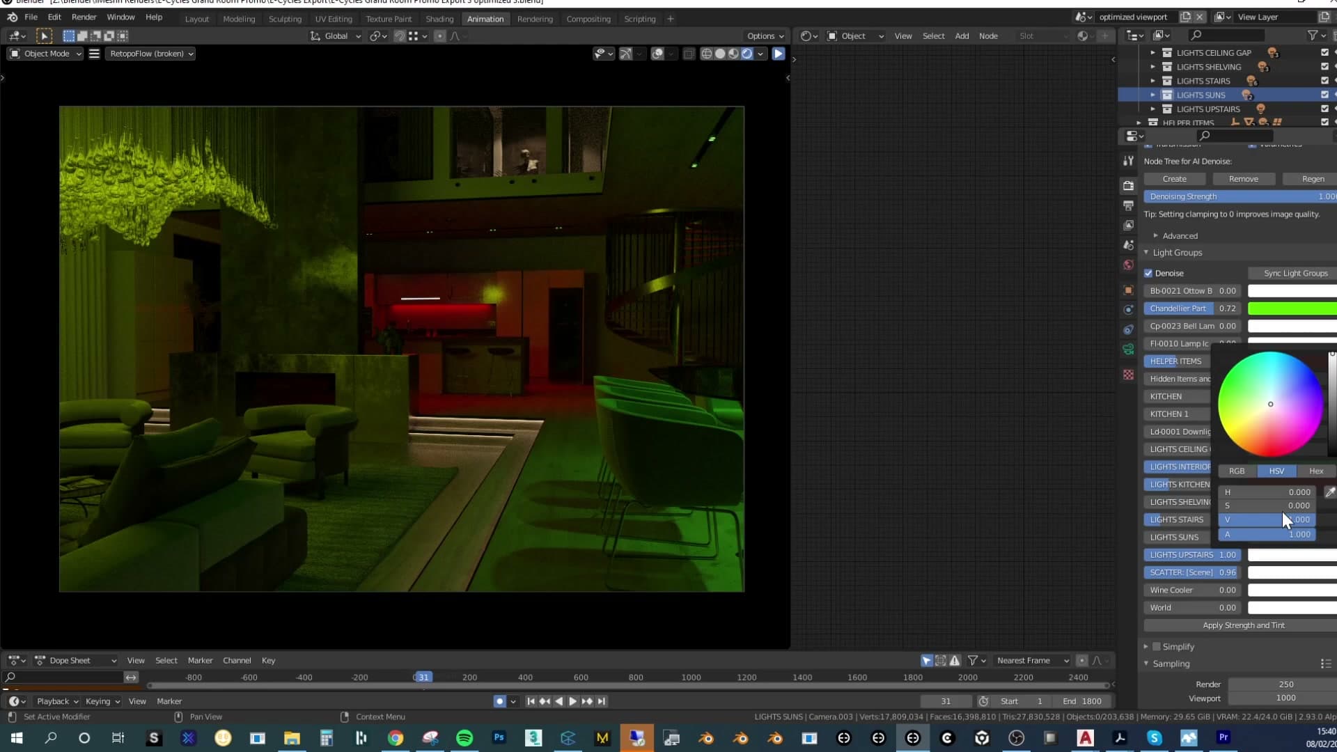 Pushing one group's colour shifts the mood of the whole interior in seconds, with no re-render.
