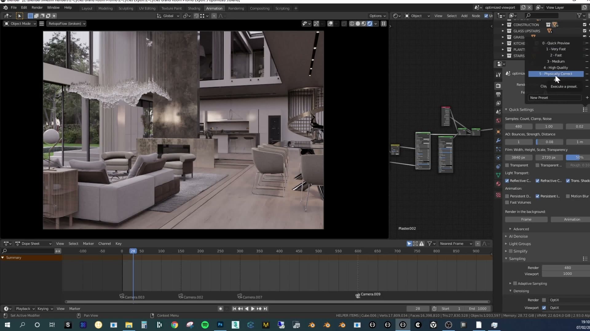 The render-quality dropdown: Very Fast for setup work, Physically Correct / High Quality for final frames.