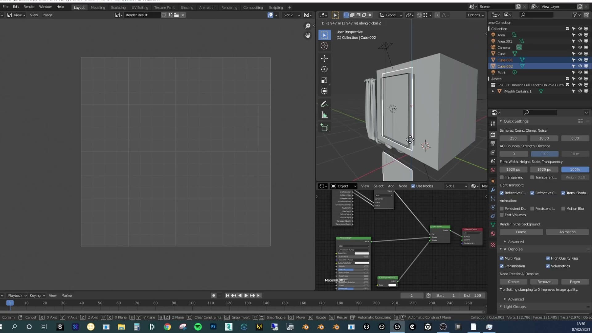 Render with the legacy glass setup: 1 minute 30 seconds, curtain reflection visible in the window.
