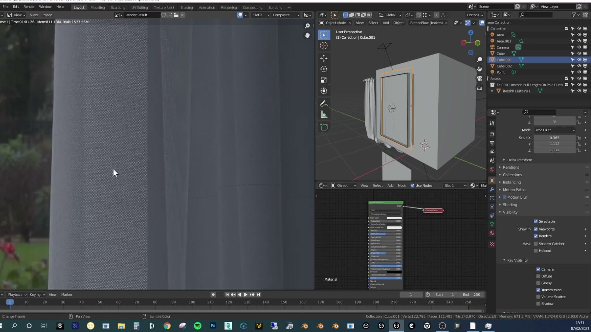 Same view, new glass shader: 1 minute flat, sharper detail, cleaner denoiser result. Curtain reflection still there.