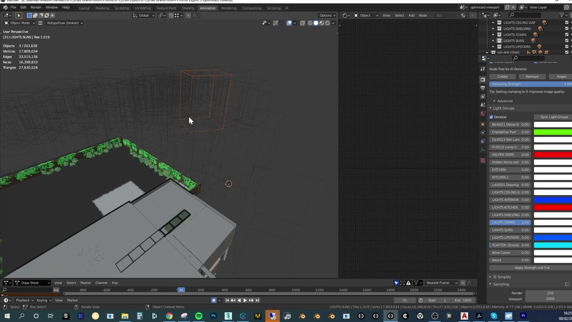 Trees and grass switched to Bounding Box display so the viewport stays fluid even with thousands of instances. Render output unaffected.