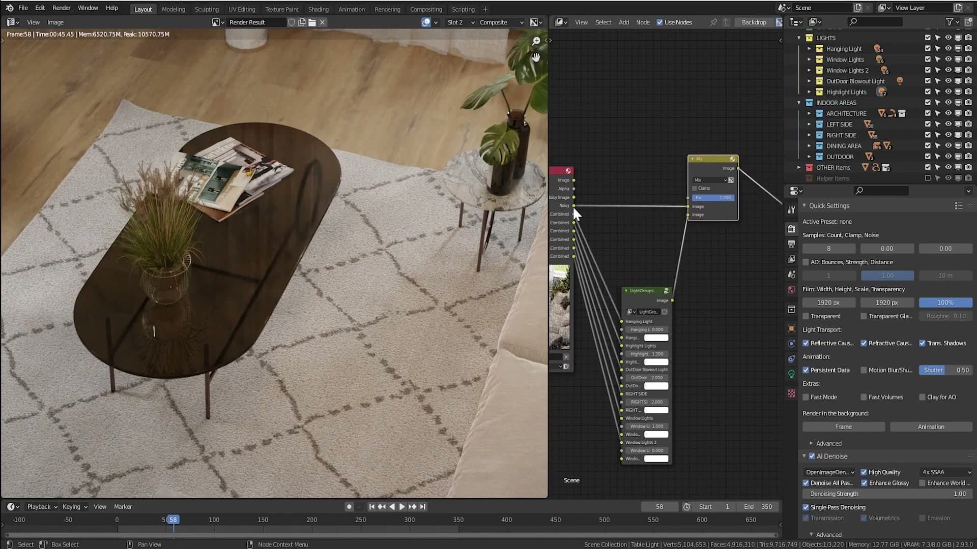 Clicking AI Denoise auto-creates a compositor node group with a new Noisy input feeding into the mix.