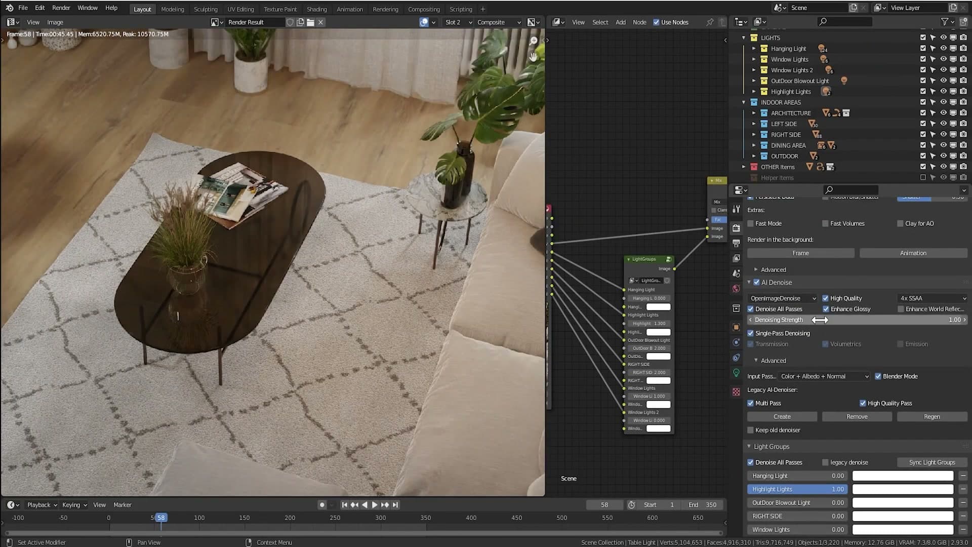 Render settings panel: identical sample count and light paths between the two test renders.