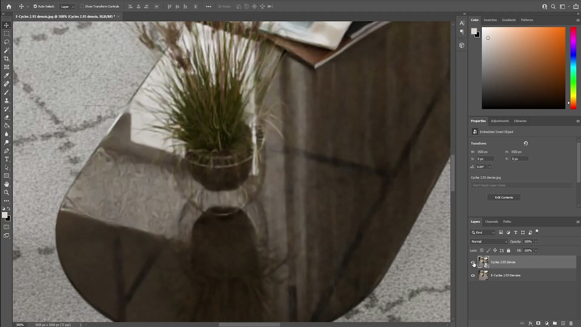 E-Cycles AI Denoise on the same render: the weave pattern in the upholstery survives.