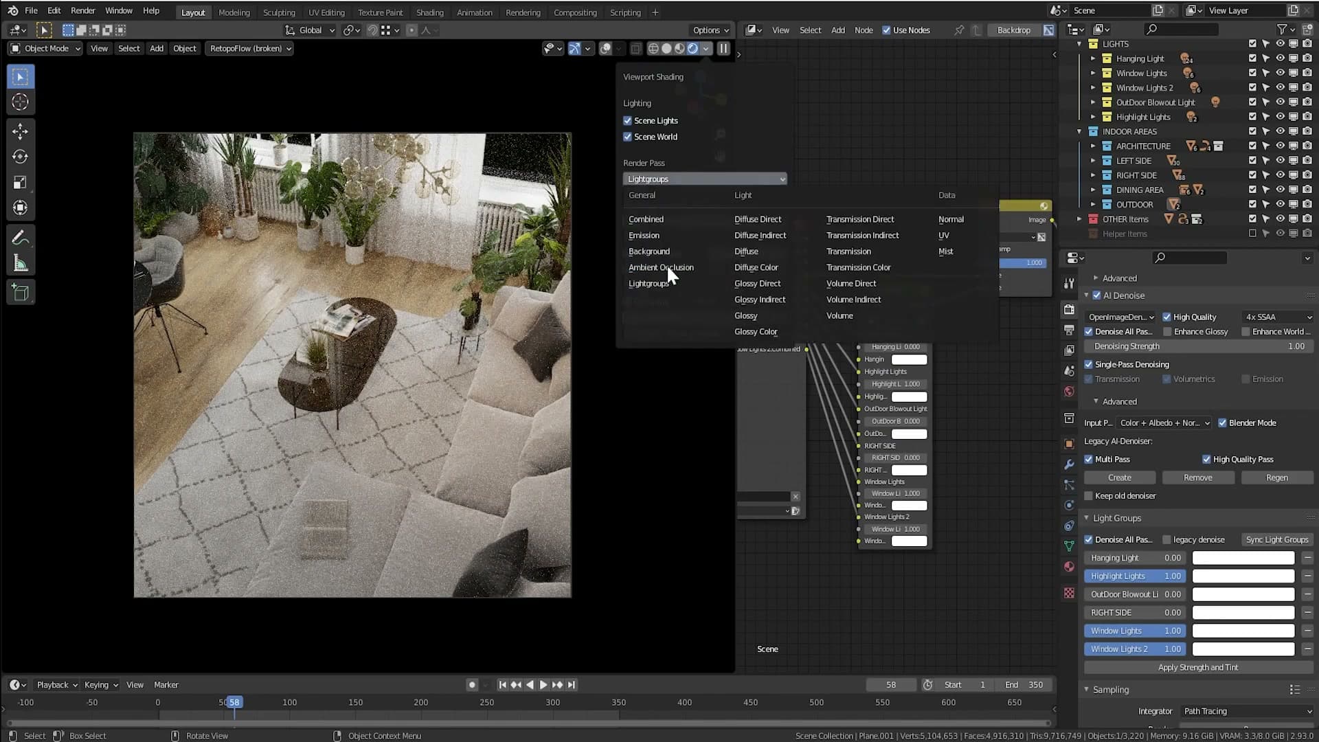 Enable the Light Groups render pass to expose each lamp as a tweakable mix node.
