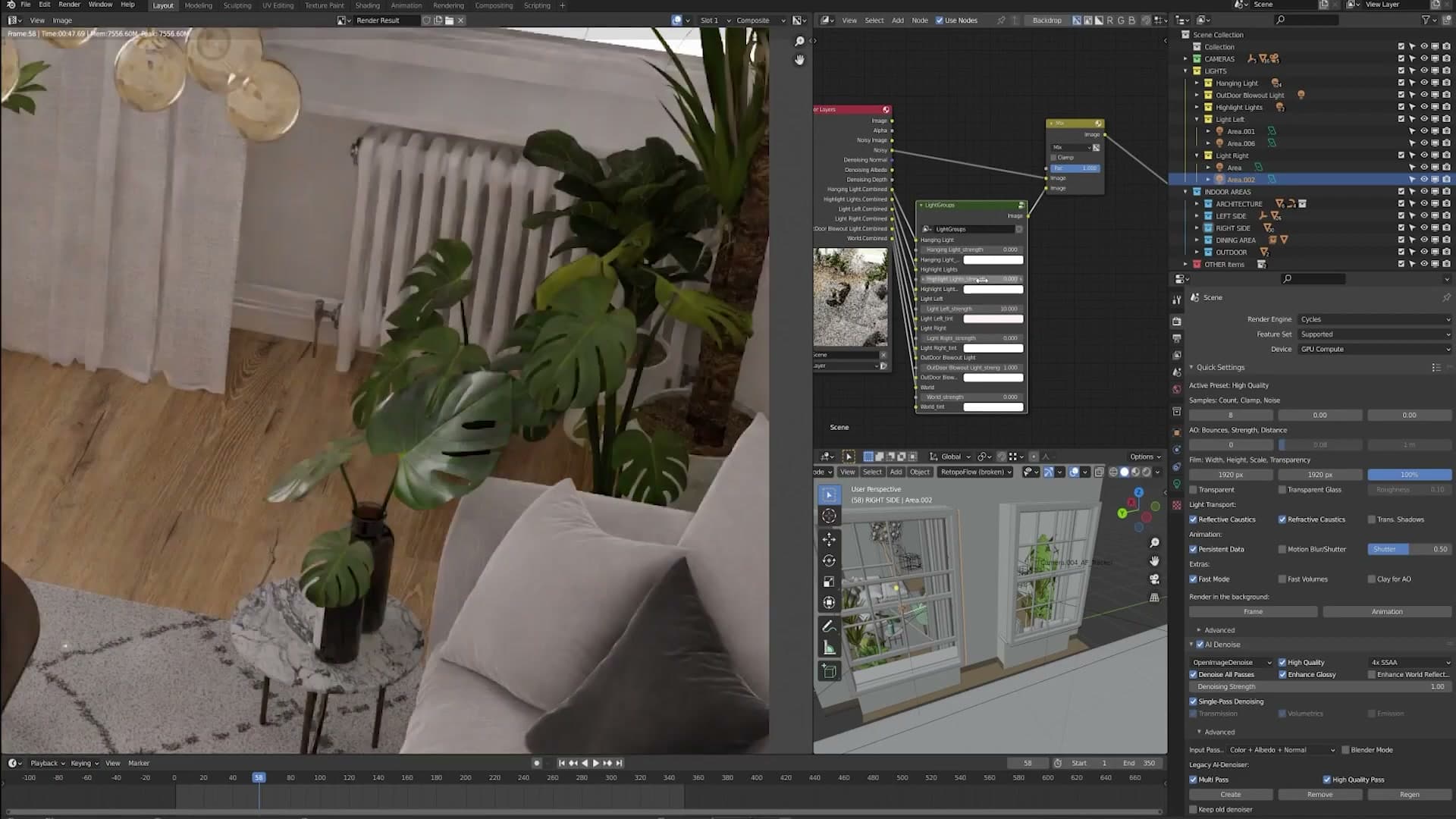 Zooming in on the foliage: leaf translucency stays visible because the render is full-size, not a viewport sample.