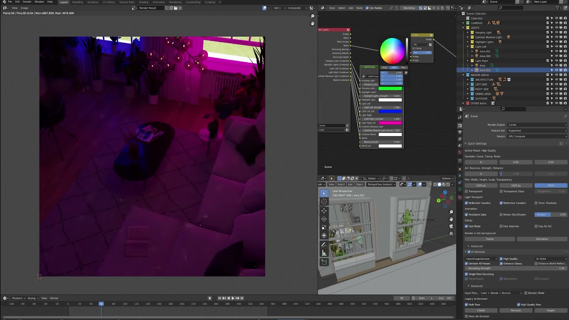 Per-lamp colour swatches in the Light Groups node. Change a light's colour without touching the scene, then push the value back when you're happy.