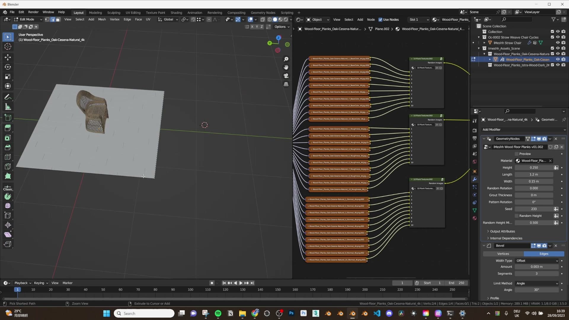Edit mode showing planks auto-populating as the floor mesh is stretched.