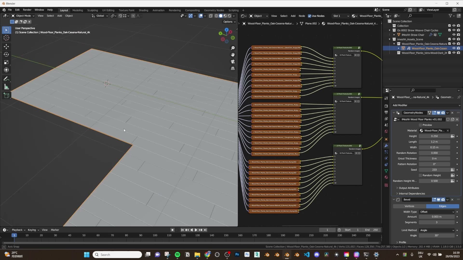 Room floor plane added to the geometry nodes object. Original mesh deleted, planks now follow the room outline.