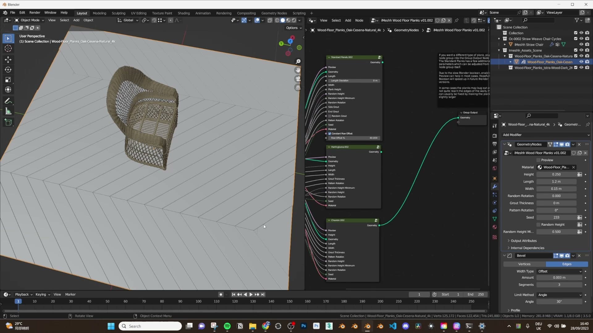 Herringbone pattern plugged into the output, same node panel as the standard planks.