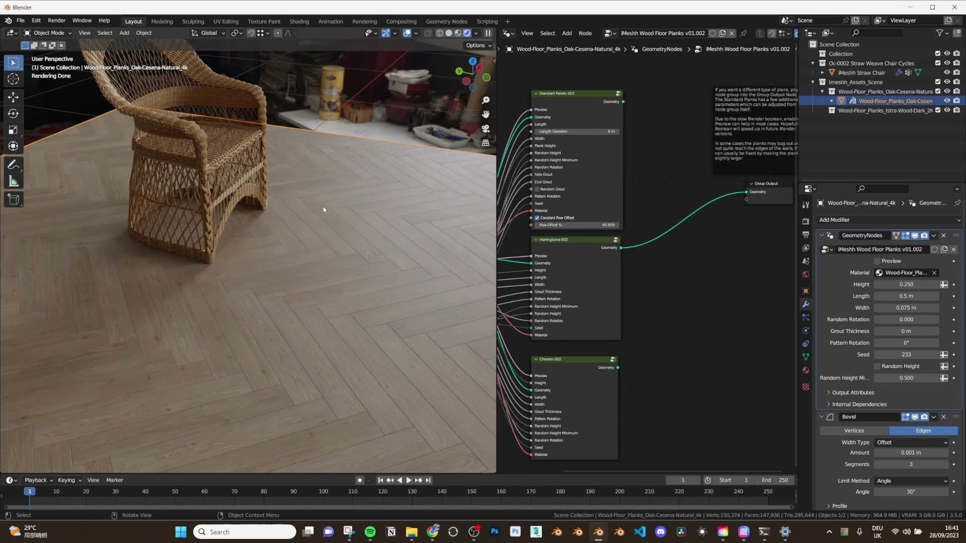 Herringbone planks resized to 0.075 width for a more natural domestic scale.