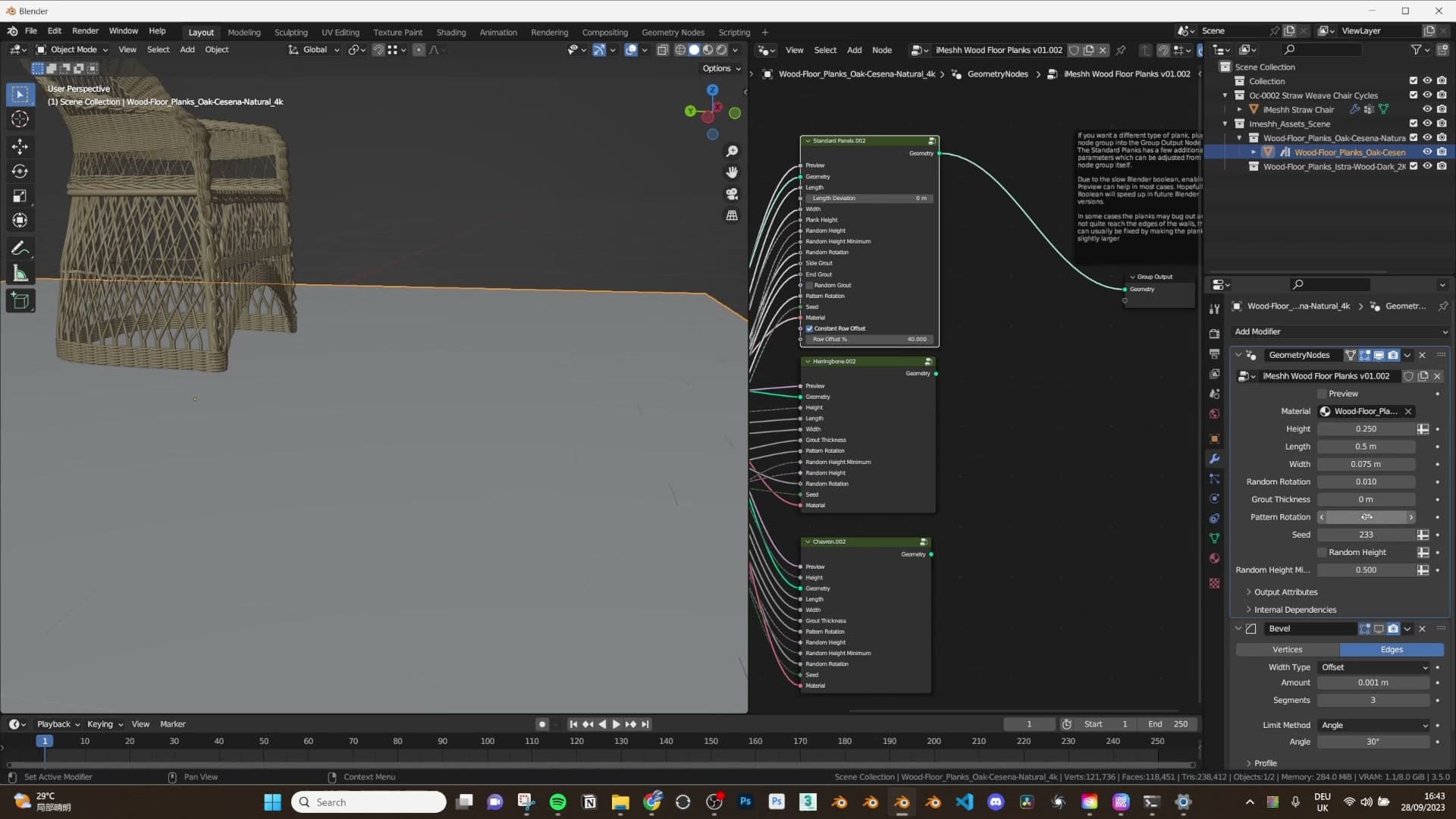 Random rotation at 0.05, subtle plank tilt that mimics an old, settled wood floor.