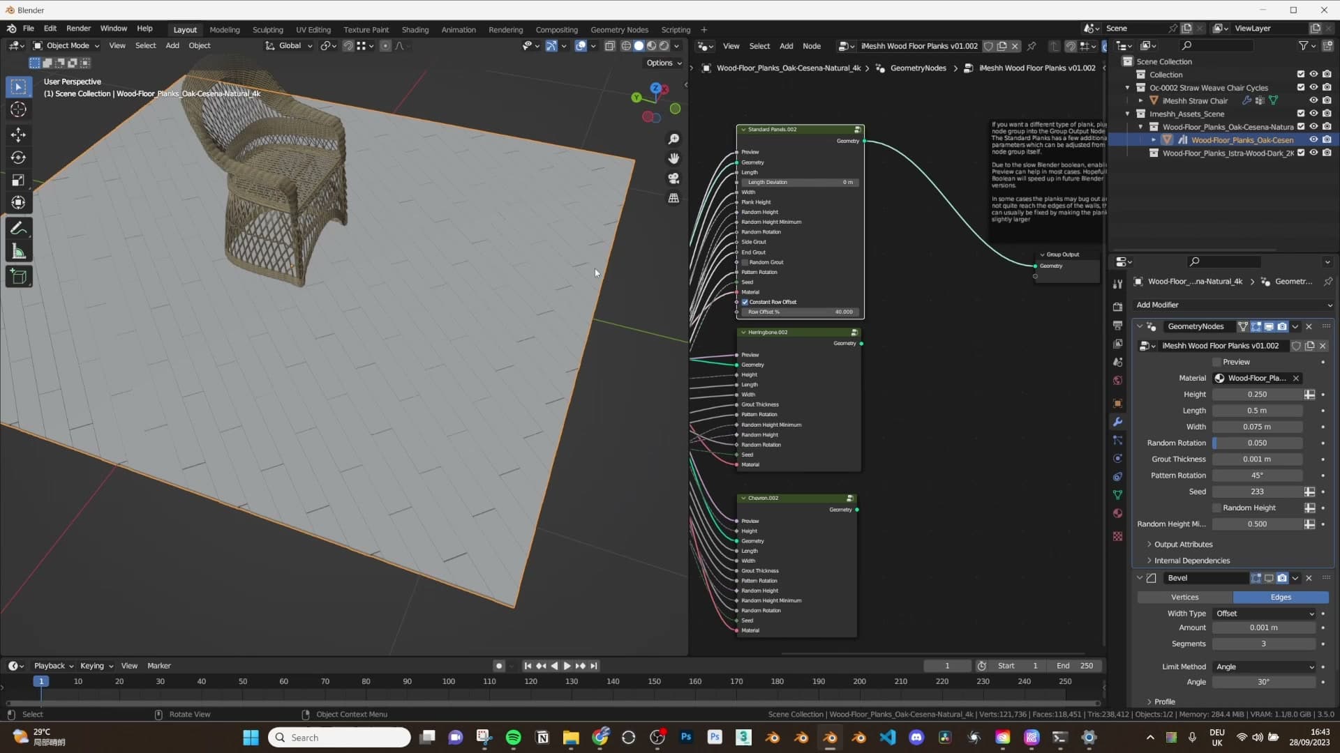 Pattern rotation set to 45°. Boolean stays intact and re-fits to the room outline.