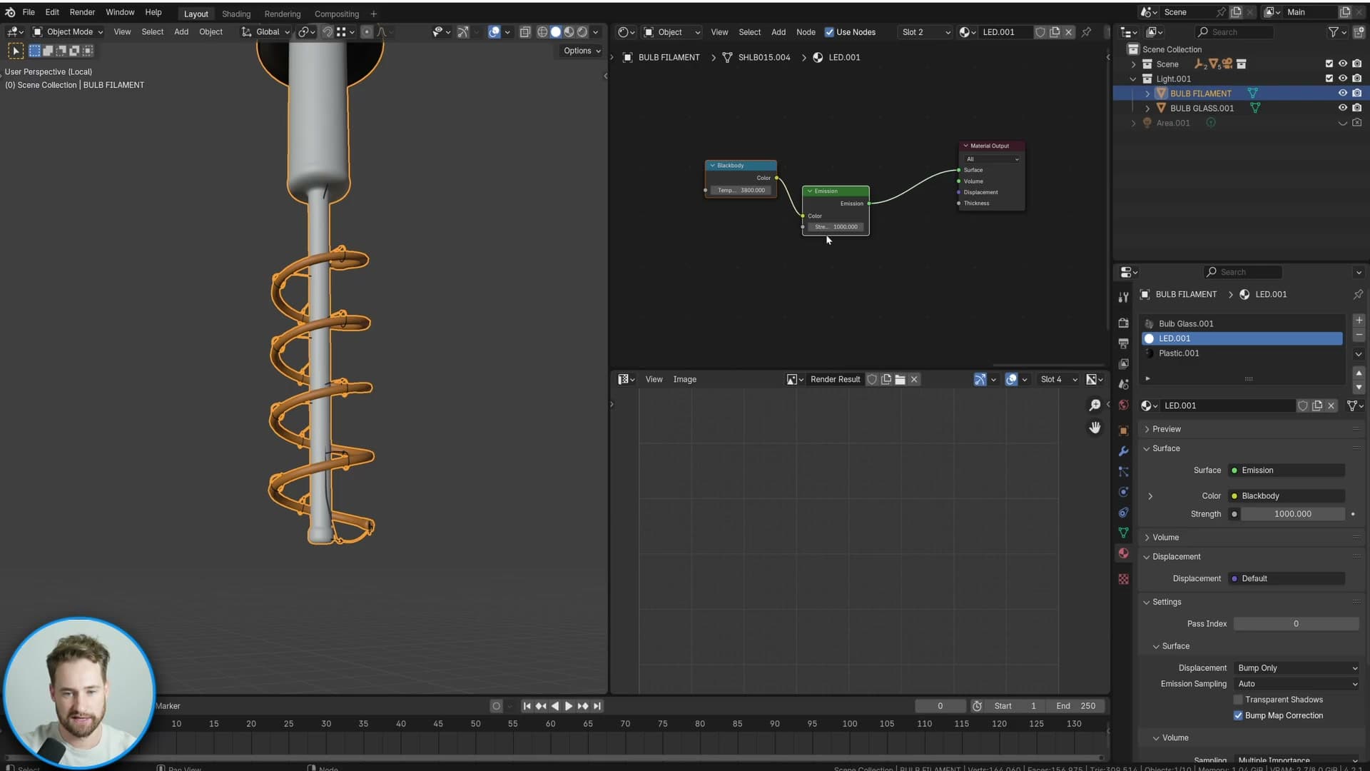Filament material set to Emission strength 1000 plugged straight into Surface.