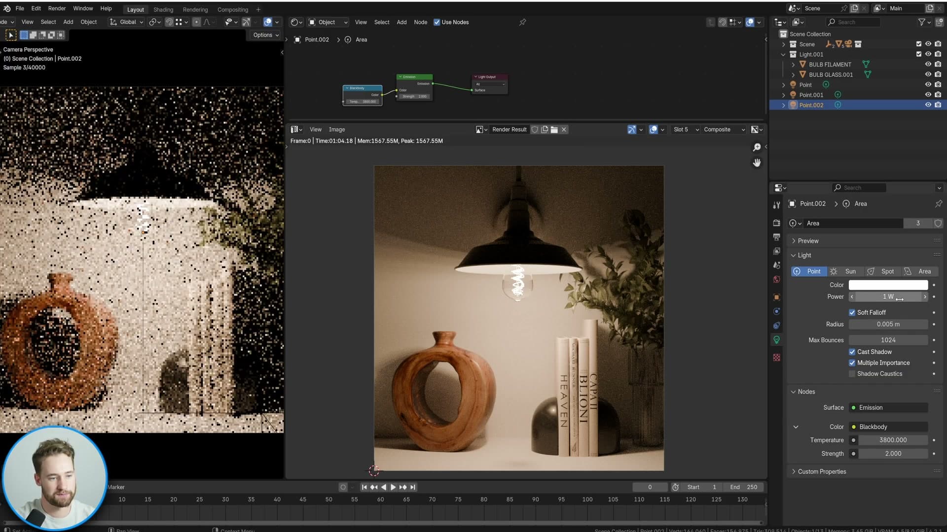 Rendered result with stacked point lights. Filament glow returns convincingly without the firefly cost.