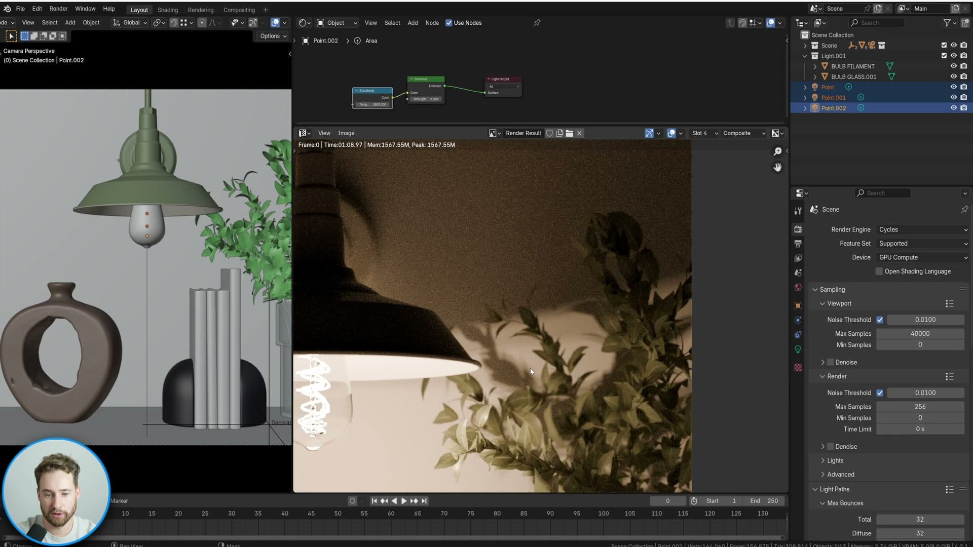 Final A/B comparison: unmodified emissive bulb vs the Ray Length + Ray Depth + Light Linking version.