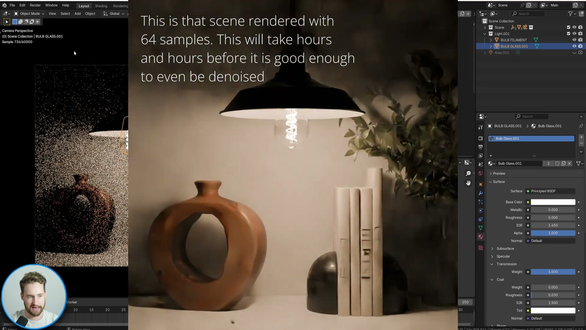 Render viewport choked with fireflies and unusable noise. This is the baseline this post is fixing.