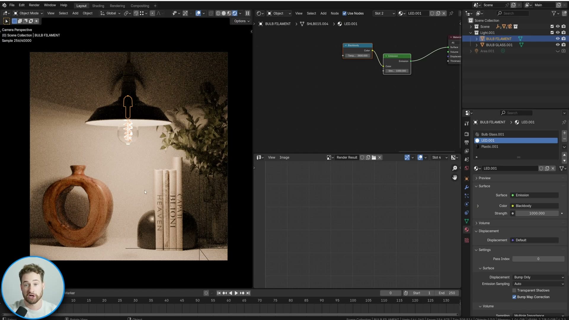 Render preview at around 200 samples, dramatically cleaner, but individual pixel fireflies are still visible.