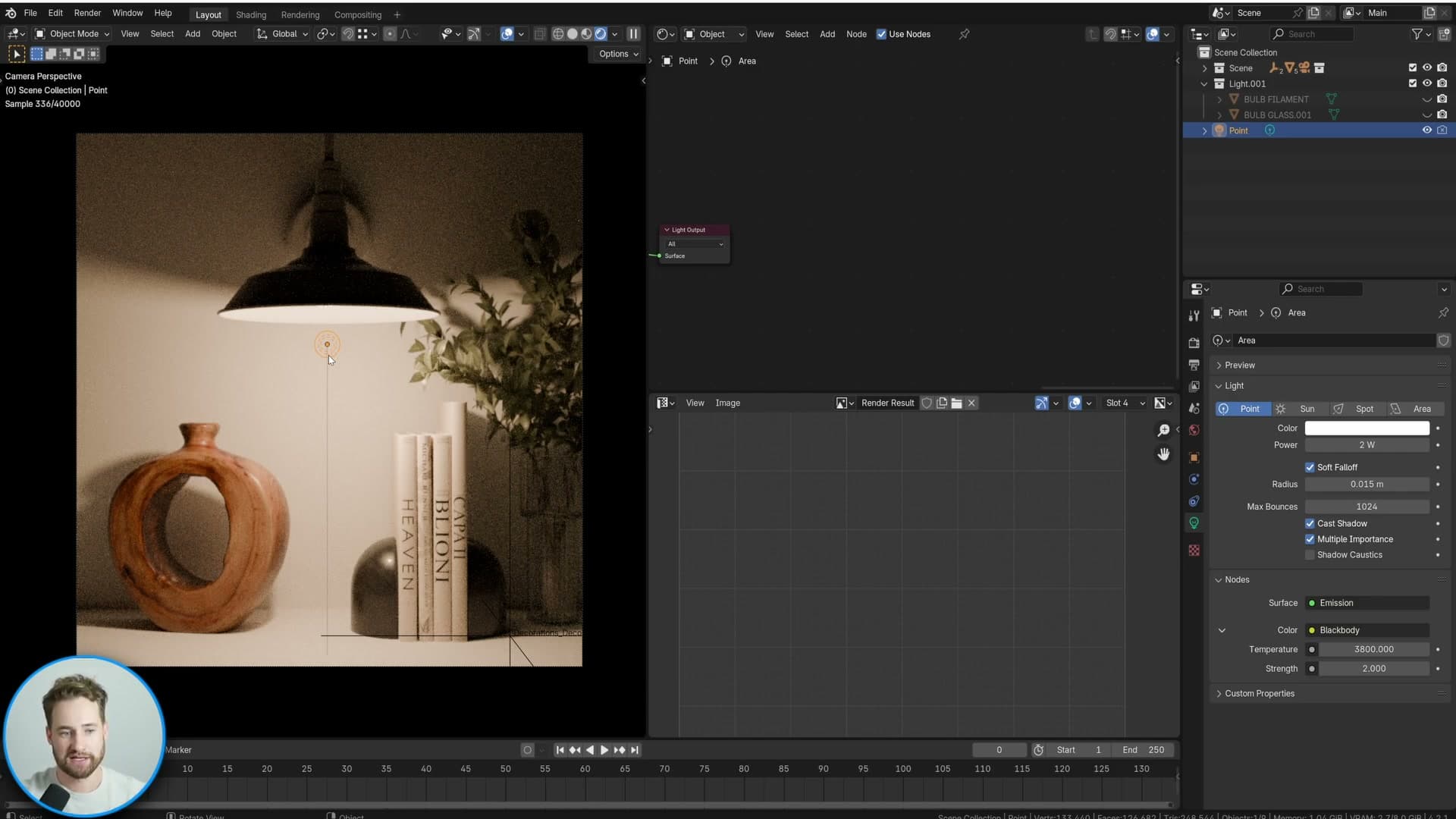 The point-light render cleans up almost instantly, the kind of efficiency mesh emitters cannot match.