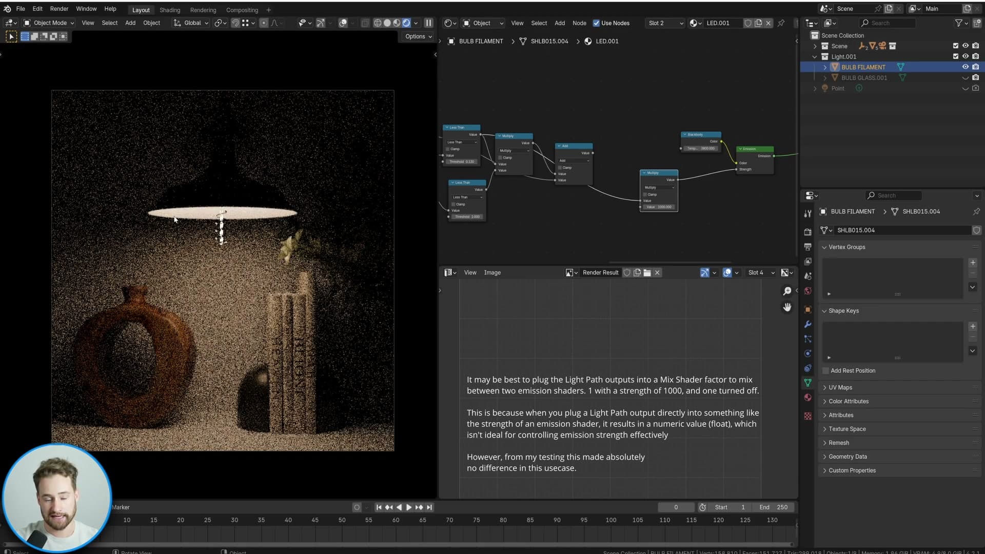 Filament now illuminates the immediate lamp area, but secondary bounces still leak fireflies into the room.