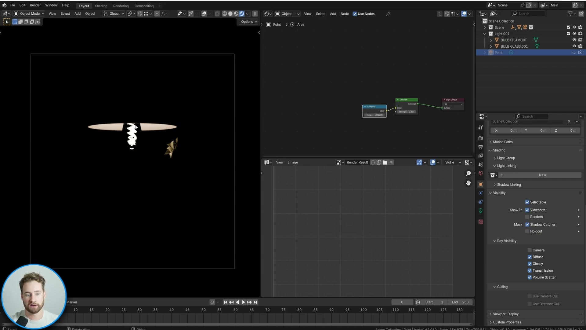 Bulb glass reapplied: the filament reads correctly with rich reflections, but no longer pollutes the scene.