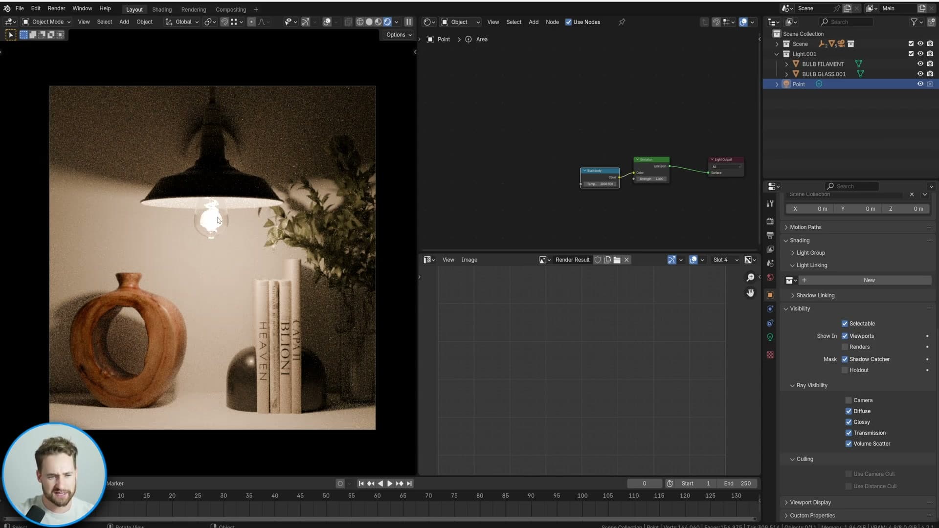 Area/point light enabled inside the bulb. Scene now illuminates correctly but the bulb itself shows reflection noise.