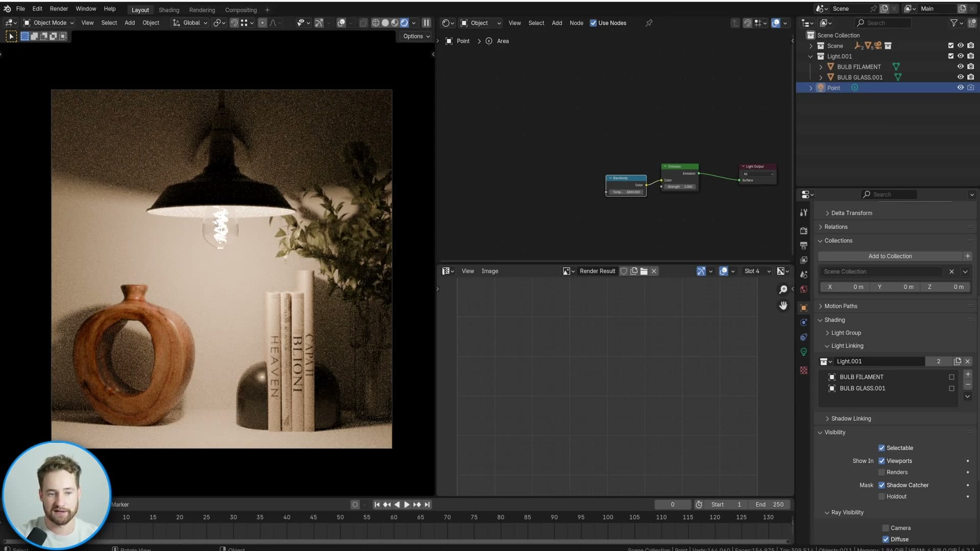 Final clean render: noise-free interior, glowing bulb, no fireflies.