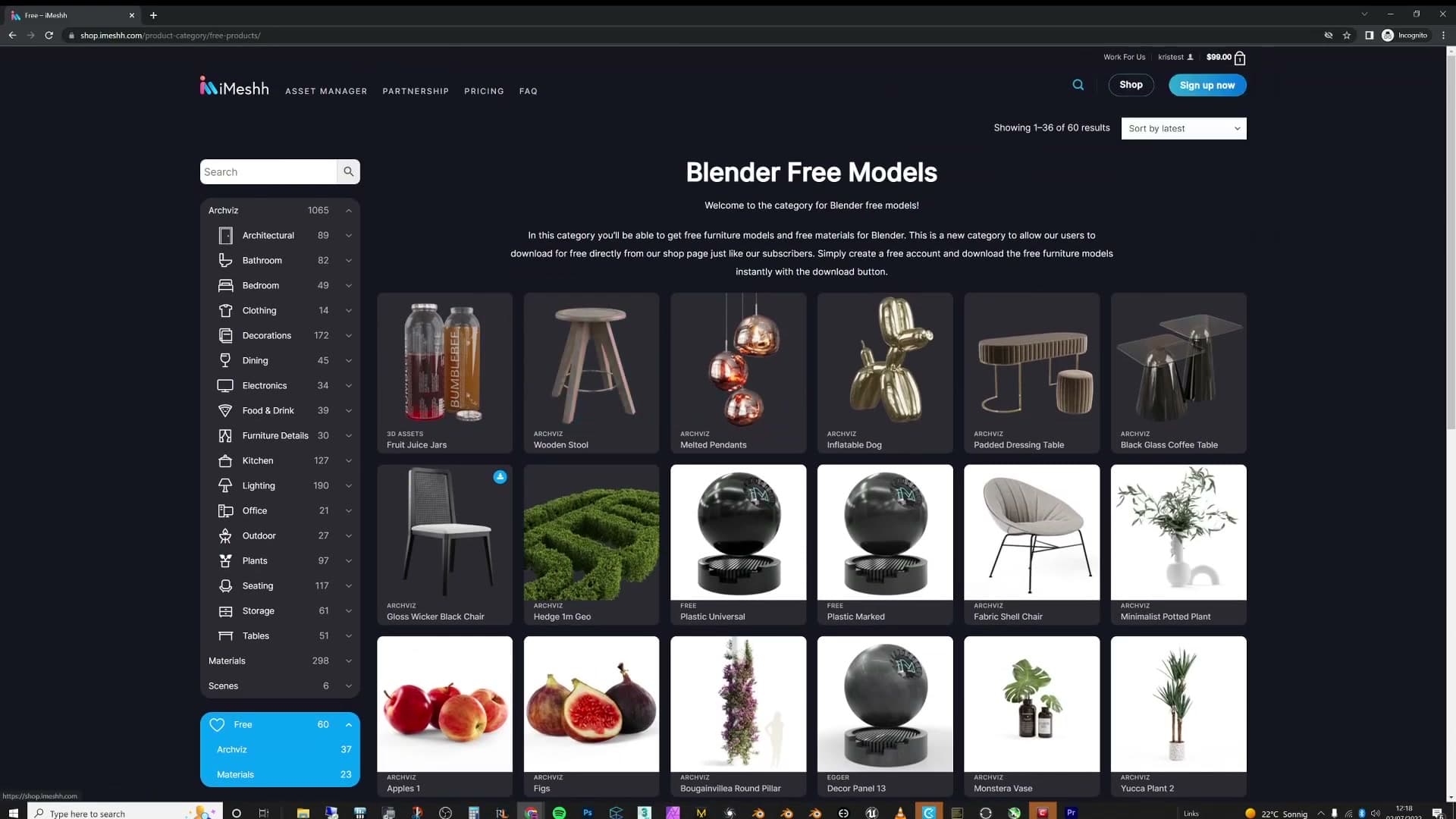 Hovering a free product reveals the Download button. One click and the asset is yours.