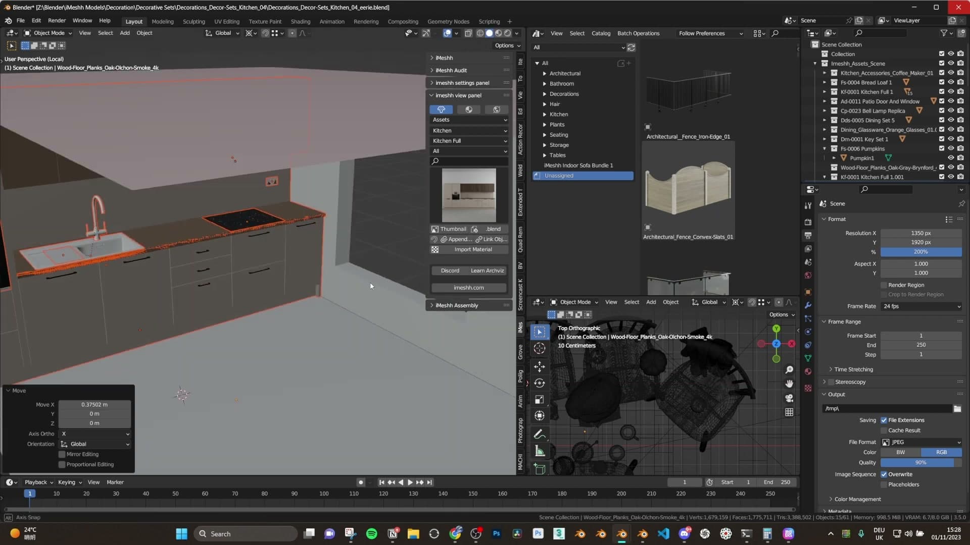 Quick kitchen drop-in for background detail and a window with the glass deleted, kept only so it can cast a shadow.