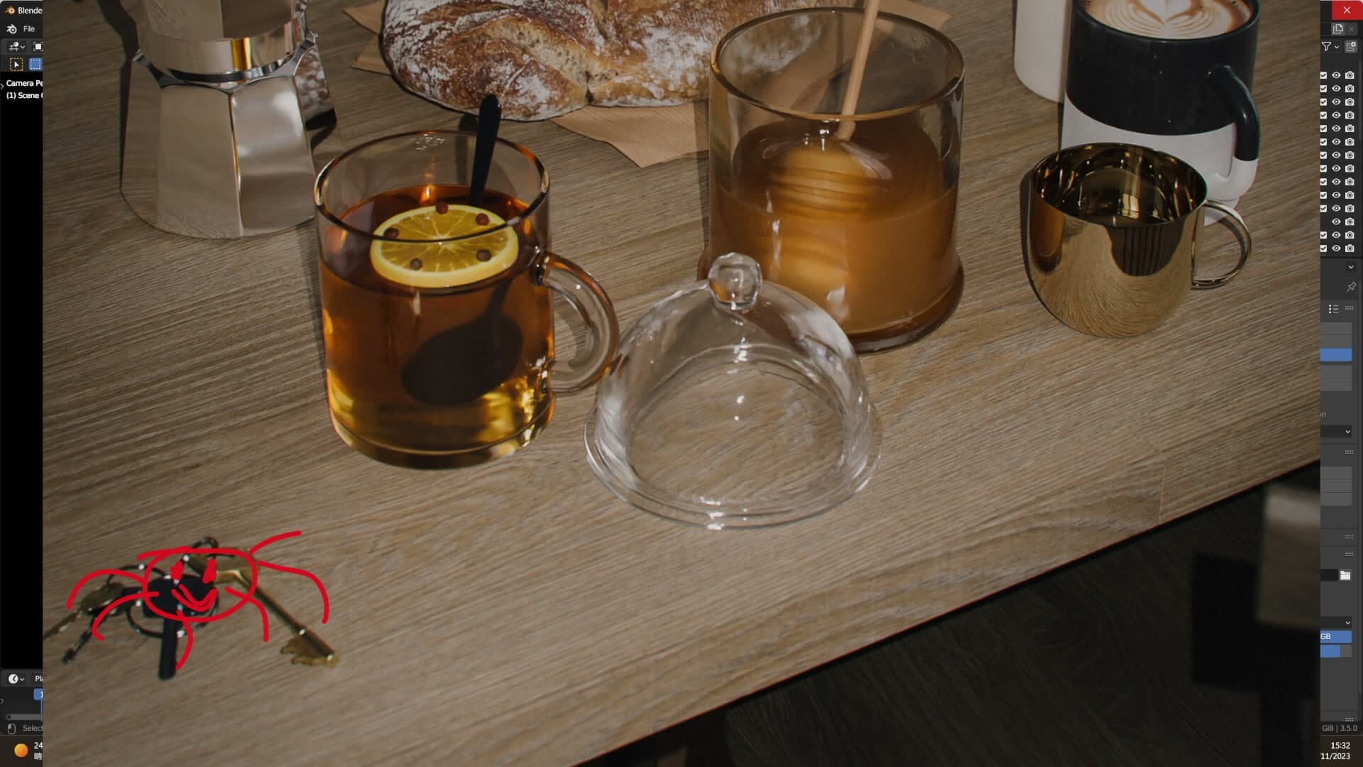 iMeshh juice drink, pumpkins in the background and a set of keys that reads almost like a spider in the final render.