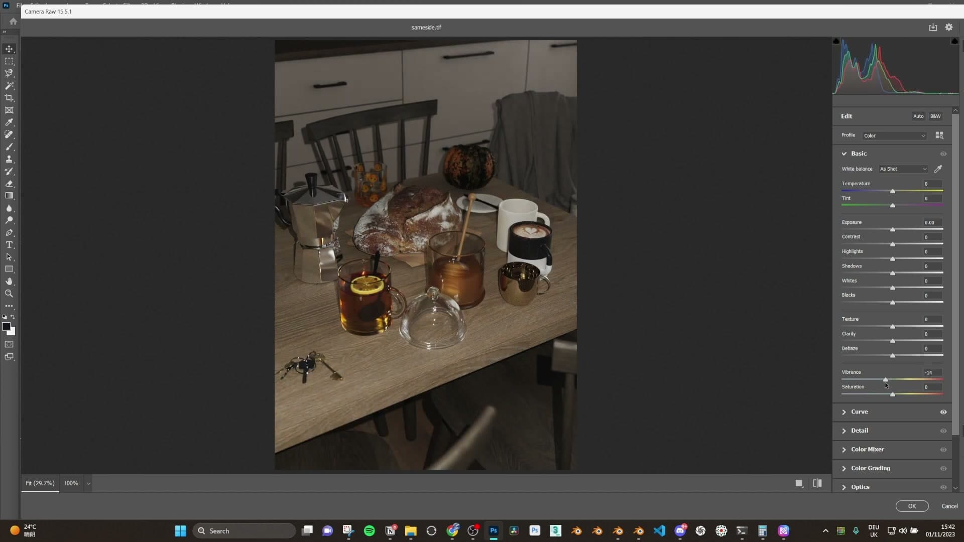 Blacks pushed up slightly so the image doesn't crush to pure black, giving it an old-photo feel. Vibrance pulled down to take the yellow out of skin tones.