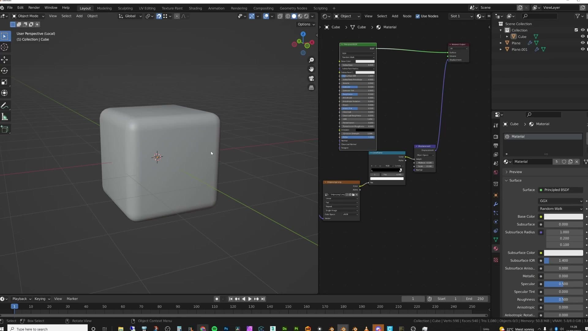 Plugging a striped texture into a default Displacement node. The geometry barely deforms and the sharp edges of the texture are lost.