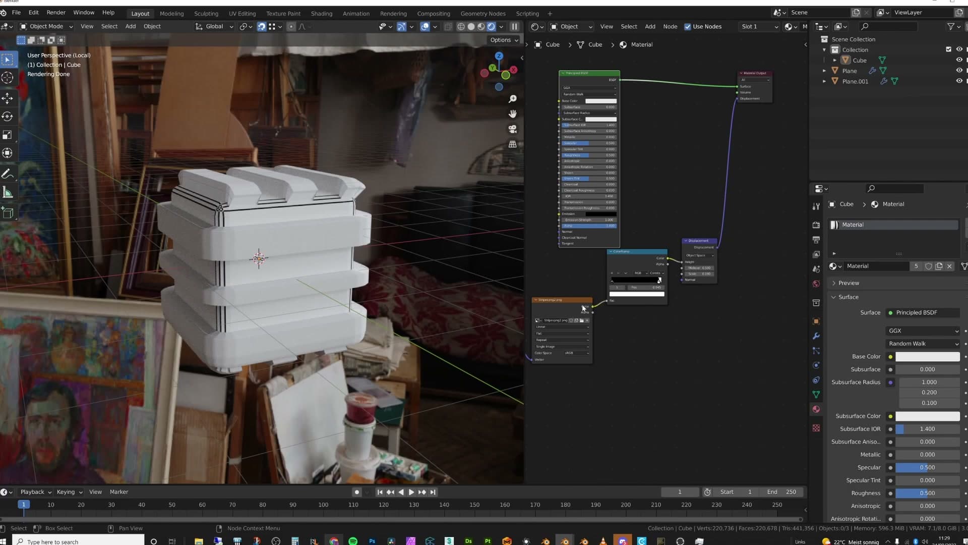 After manually subdividing the mesh, the same displacement starts to show the texture's sharp ridges. This only works because we threw a huge amount of geometry at it.