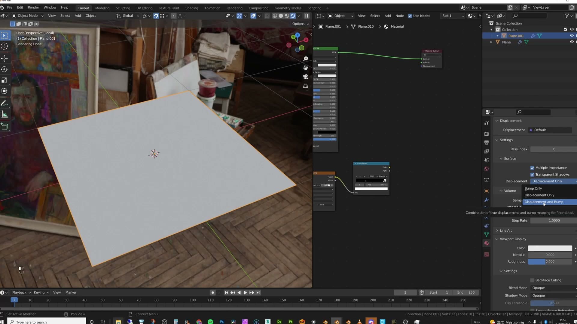 Material Properties → Surface → Displacement. Displacement Only is true geometry (heavy); Displacement and Bump is the practical hybrid you'll usually want.