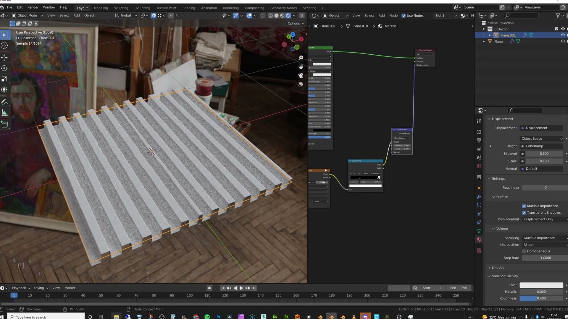 Shift+A → Vector → Displacement. Texture into Height, node into the Material Output's Displacement socket, scale around 0.1.