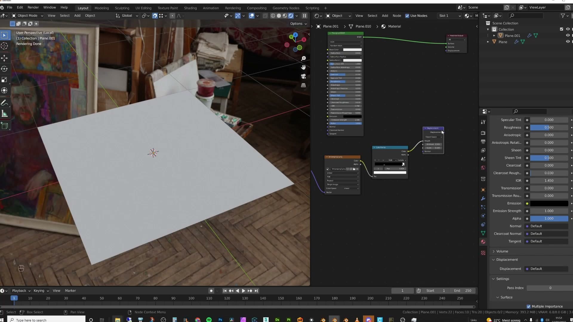 For .exr displacement maps, set the image texture's colour space to Non-Color (or Linear) so values aren't gamma-corrected.