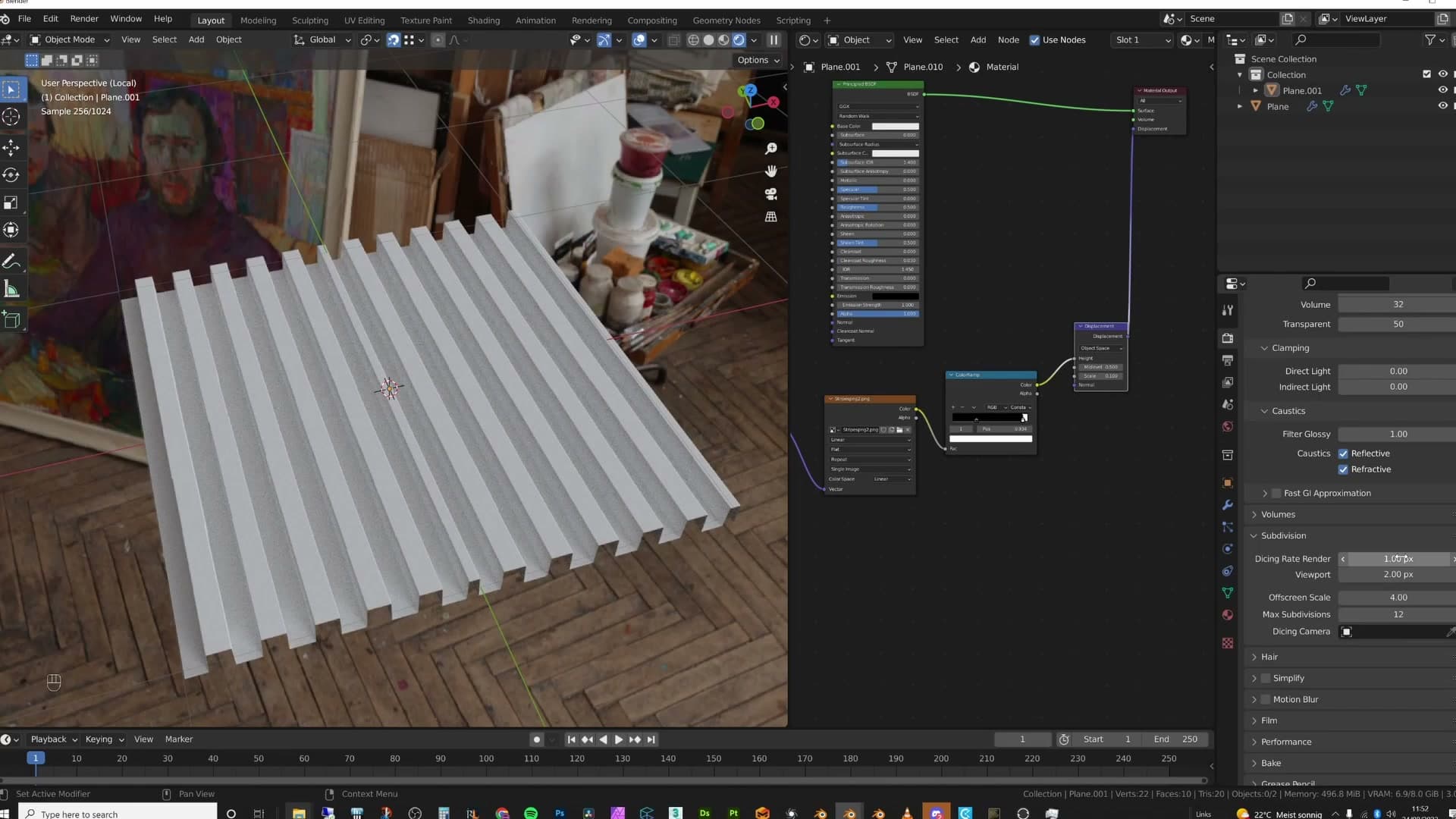 Render Properties → Subdivision section. Viewport dicing rate stays high for fluidity; render dicing rate at 1 is the sweet spot. Below 1, geometry counts explode.