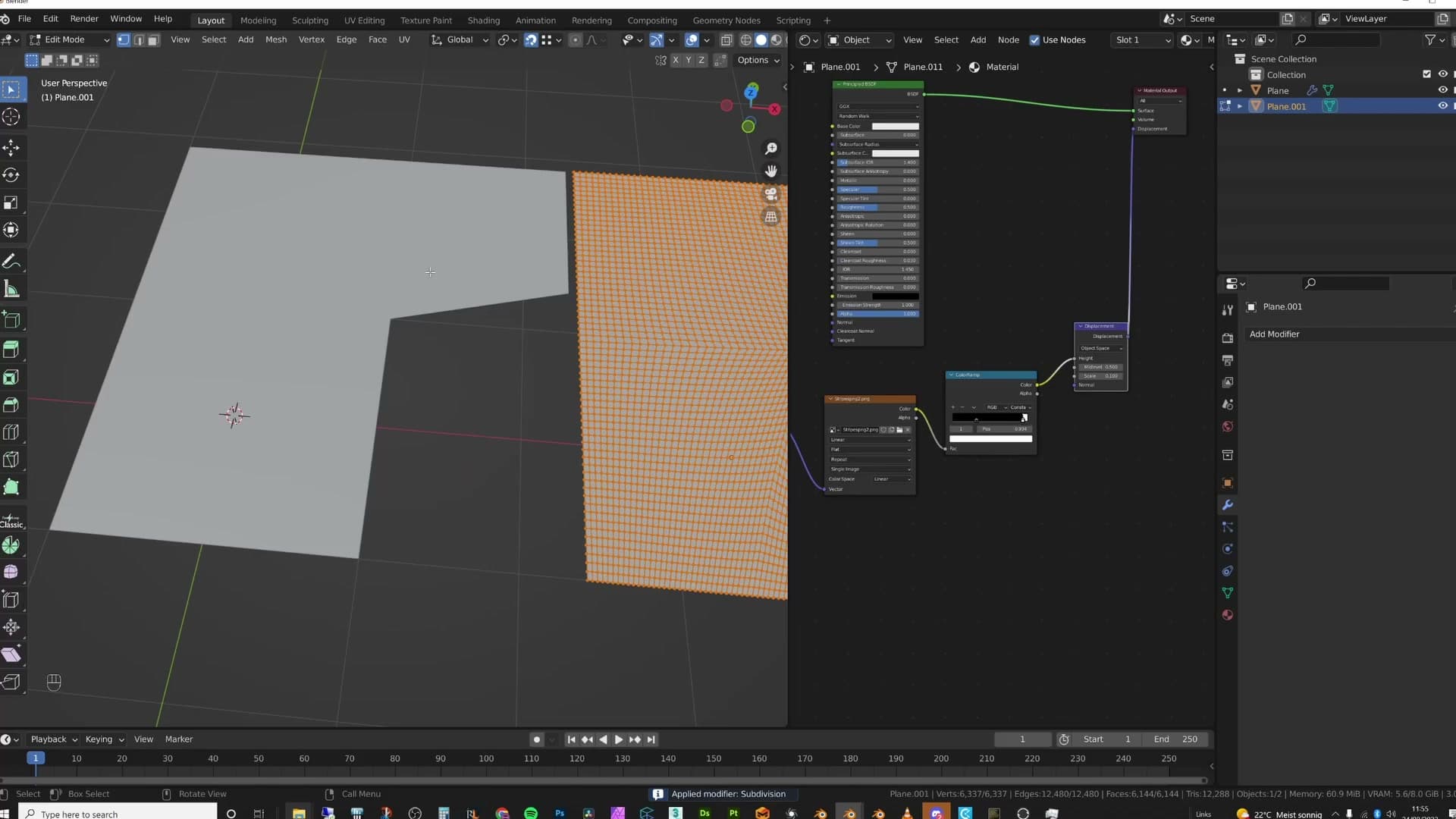 Subdividing the n-gon shows what Blender is doing under the hood: triangles in every direction, none of them following the texture's straight tile lines.